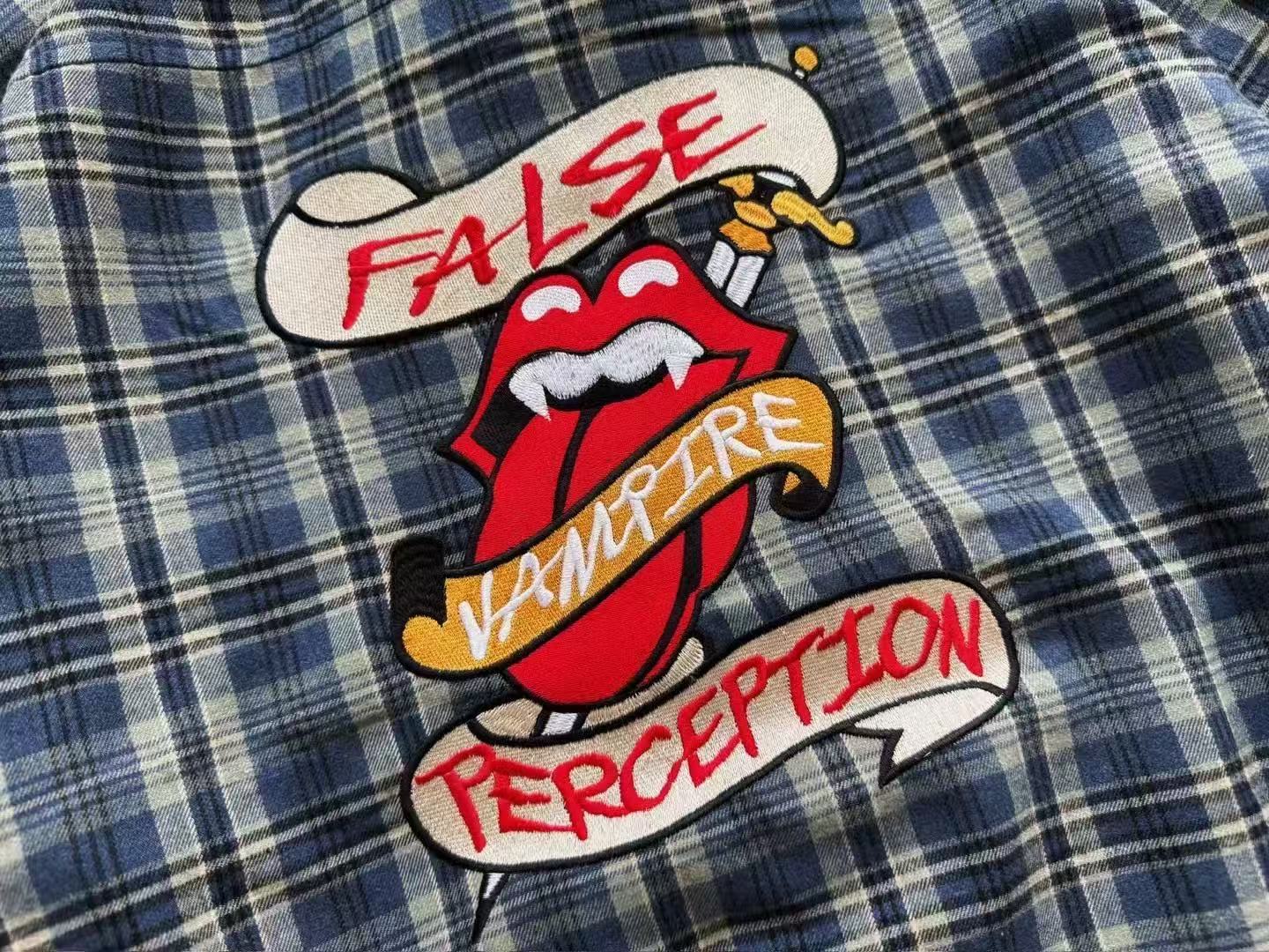 False Perception Vampire Tongue Blue Plaid Shirt