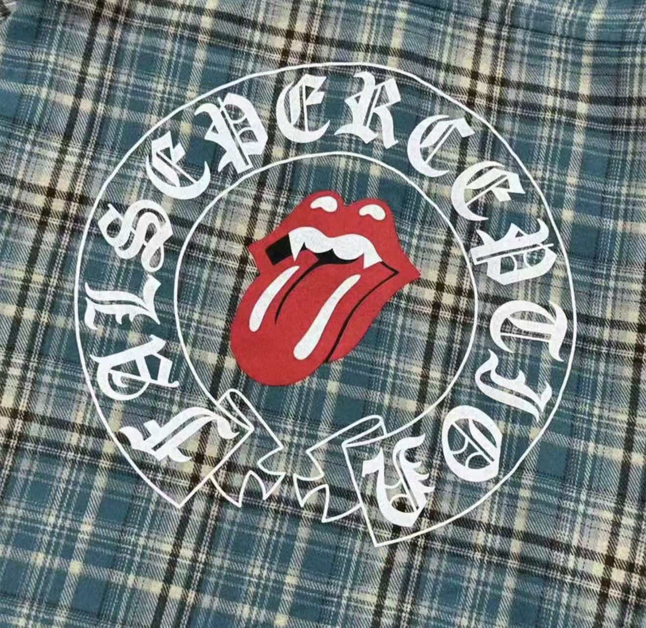 False Perception Tongue Logo Green Plaid Shirt