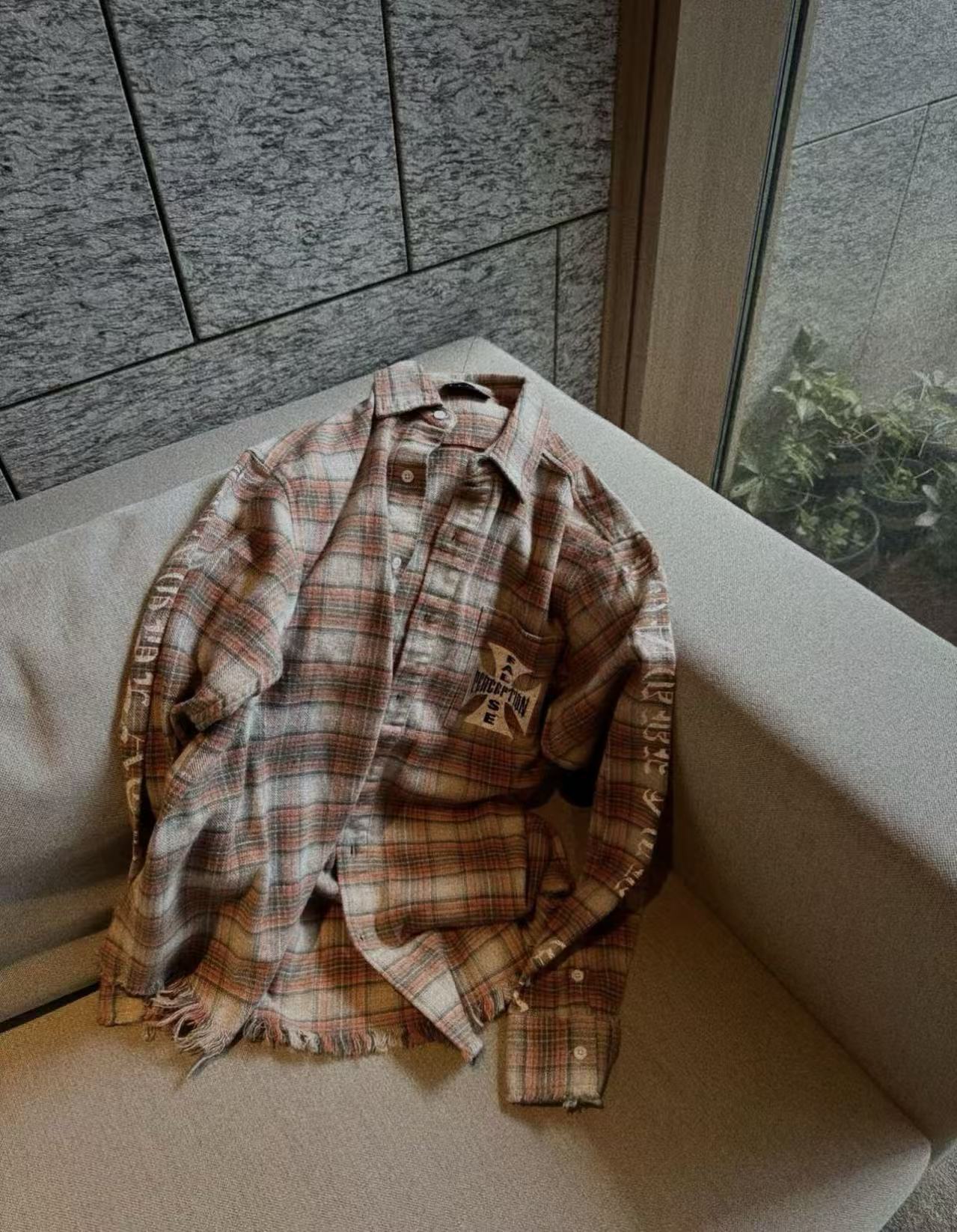 False Perception Cross Logo Brown Plaid Shirt