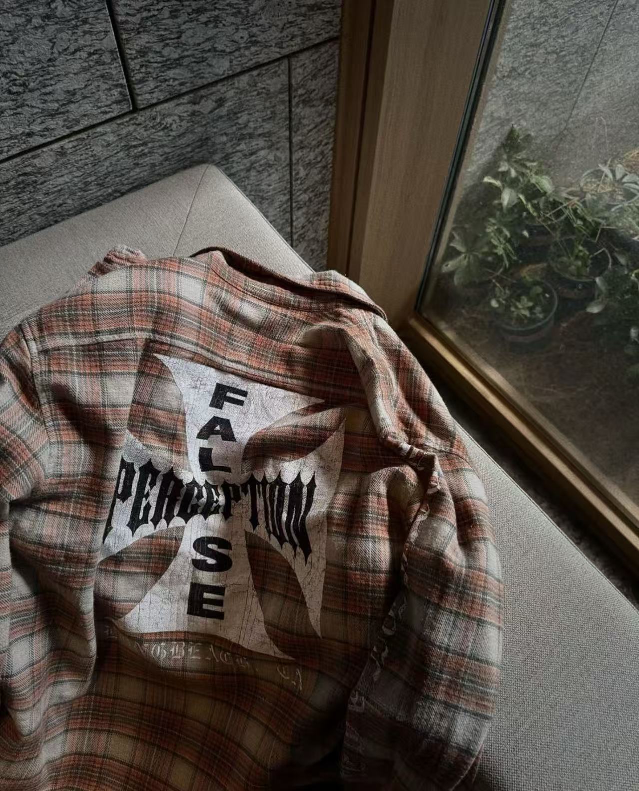 False Perception Cross Logo Brown Plaid Shirt