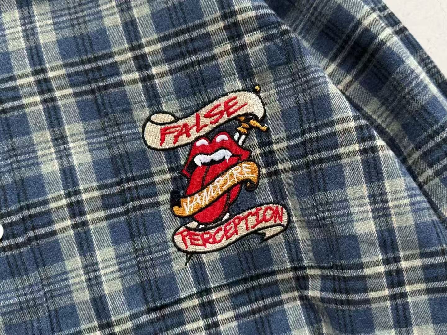 False Perception Vampire Tongue Blue Plaid Shirt