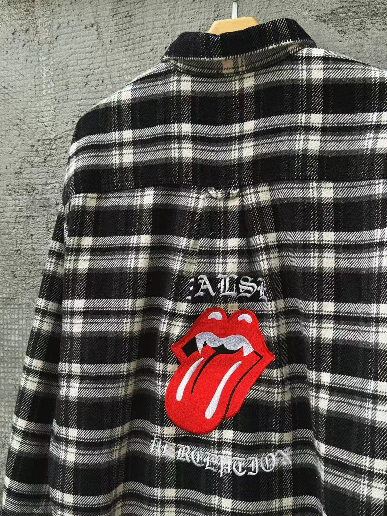 False Perception Tongue Logo Black‑White Plaid Shirt