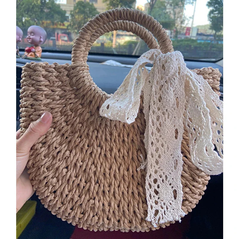 Yogodlns Handmade Half-Round Rattan Bag – Bohemian Wicker Shoulder Bag for Women
