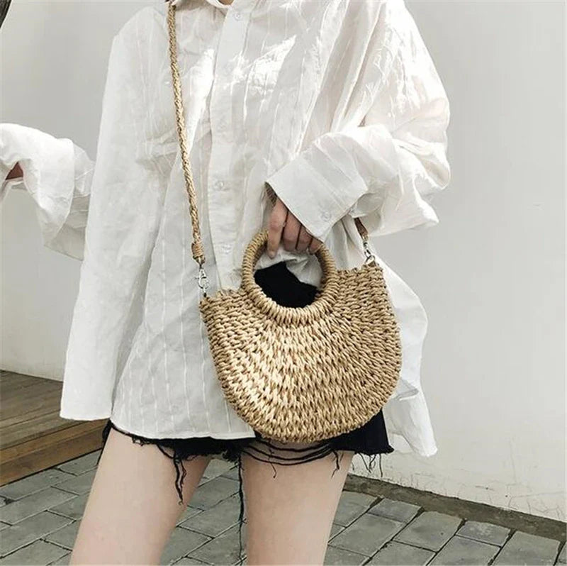 Yogodlns Handmade Half-Round Rattan Bag – Bohemian Wicker Shoulder Bag for Women