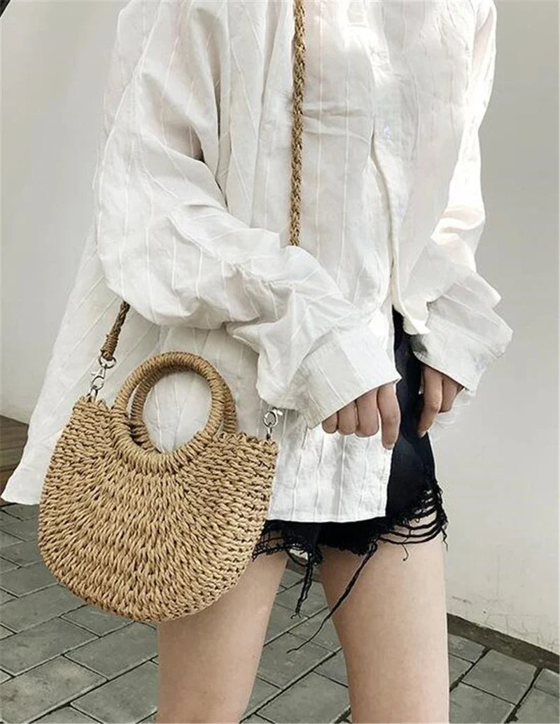 Yogodlns Handmade Half-Round Rattan Bag – Bohemian Wicker Shoulder Bag for Women