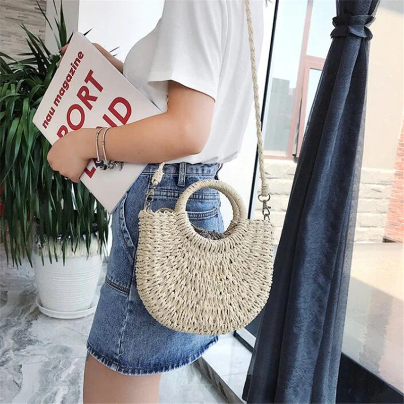 Yogodlns Handmade Half-Round Rattan Bag – Bohemian Wicker Shoulder Bag for Women