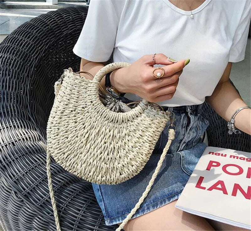 Yogodlns Handmade Half-Round Rattan Bag – Bohemian Wicker Shoulder Bag for Women