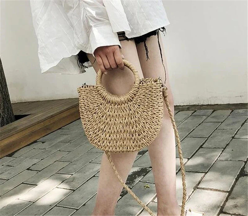 Yogodlns Handmade Half-Round Rattan Bag – Bohemian Wicker Shoulder Bag for Women