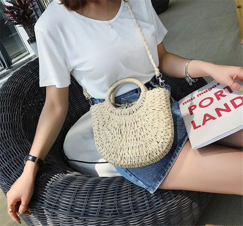 Yogodlns Handmade Half-Round Rattan Bag – Bohemian Wicker Shoulder Bag for Women