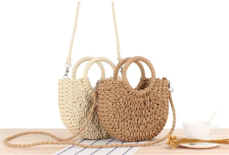 Yogodlns Handmade Half-Round Rattan Bag – Bohemian Wicker Shoulder Bag for Women