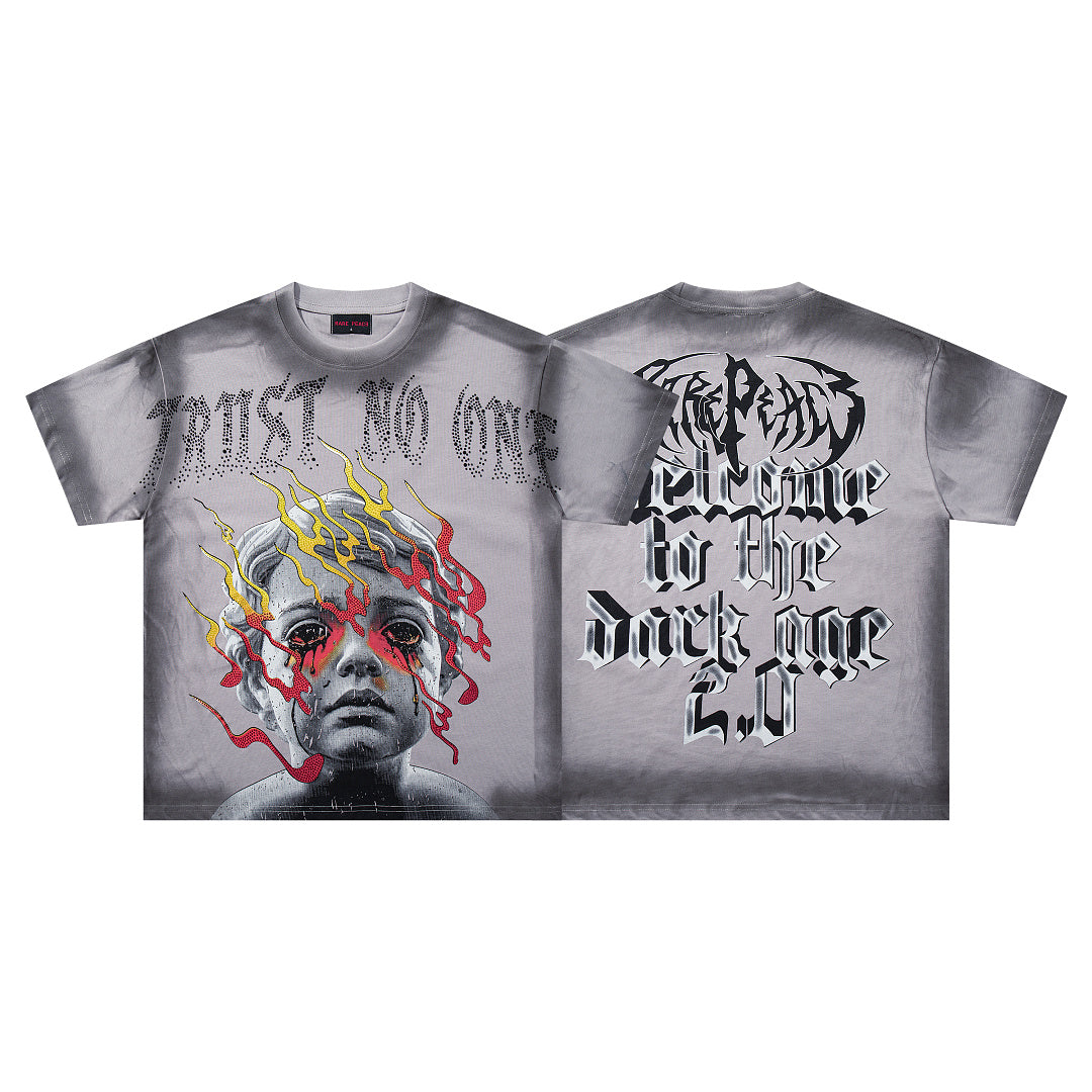 RARE PEACE Crying Cherub Flame Gothic Tee