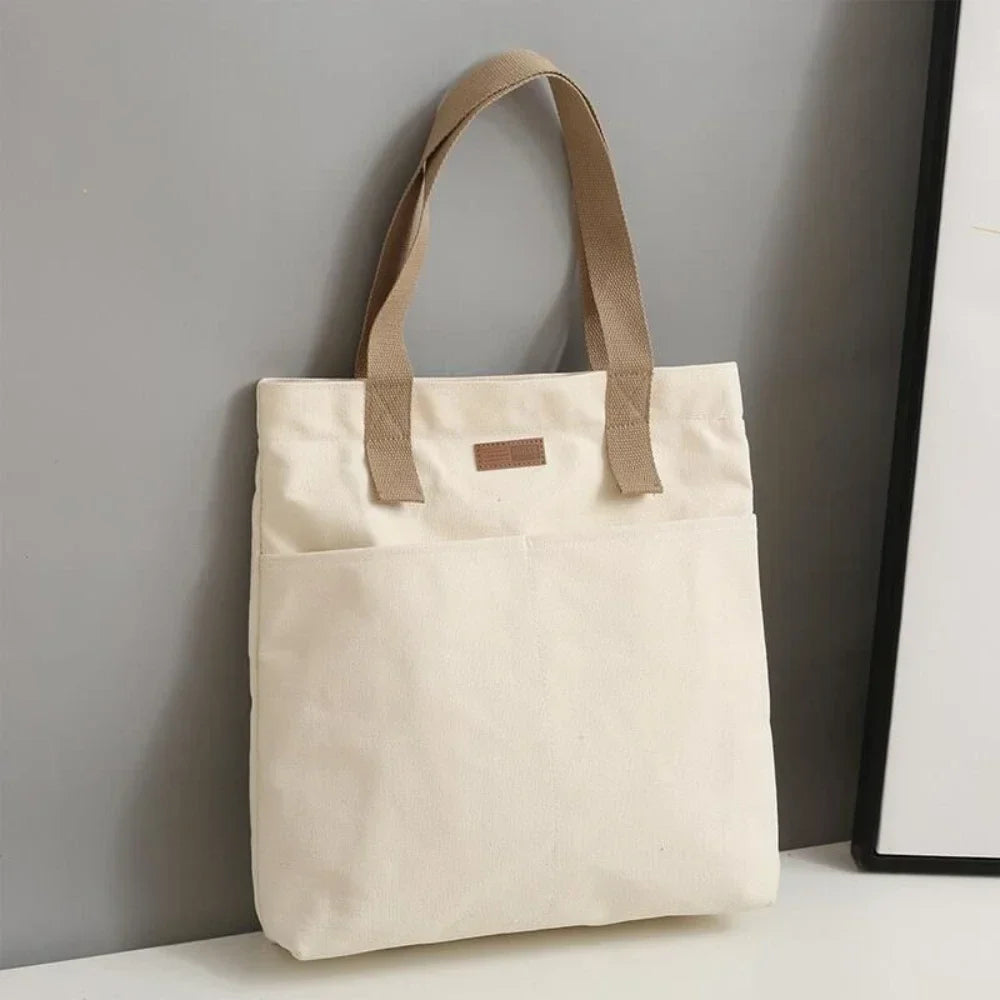 Women's Canvas Tote Bag with Sewing Thread Detail – Handcrafted Shoulder Bag