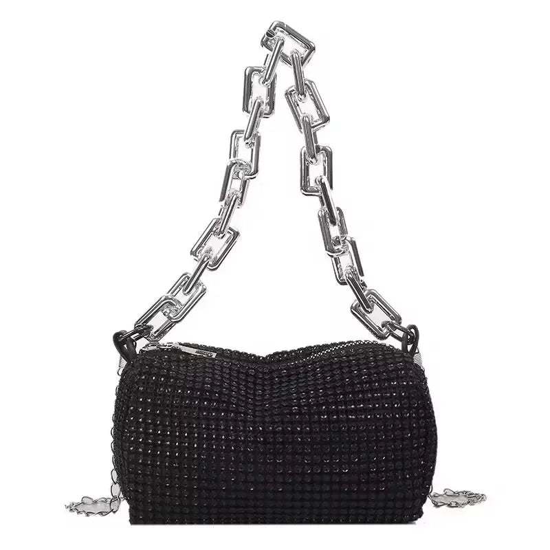 Allover Rhinestone Bucket Bag with Glitter Chain – Sparkling Evening Handbag for Women