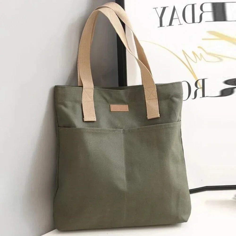 Women's Canvas Tote Bag with Sewing Thread Detail – Handcrafted Shoulder Bag