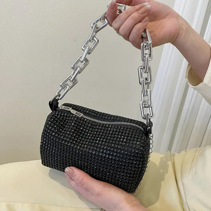 Allover Rhinestone Bucket Bag with Glitter Chain – Sparkling Evening Handbag for Women