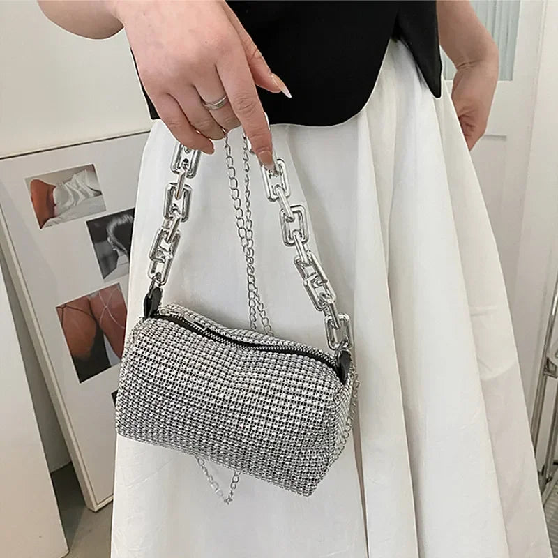 Allover Rhinestone Bucket Bag with Glitter Chain – Sparkling Evening Handbag for Women