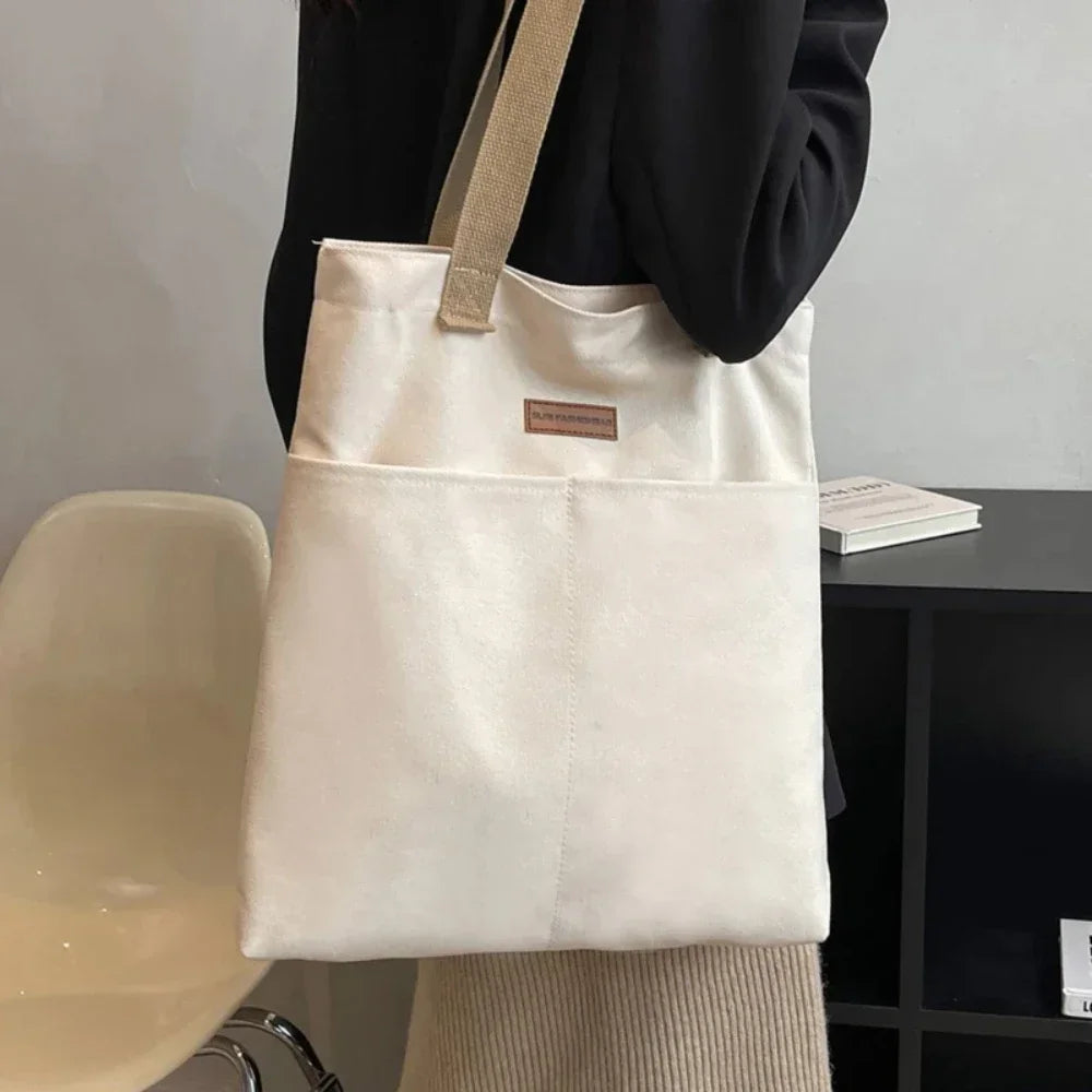 Women's Canvas Tote Bag with Sewing Thread Detail – Handcrafted Shoulder Bag