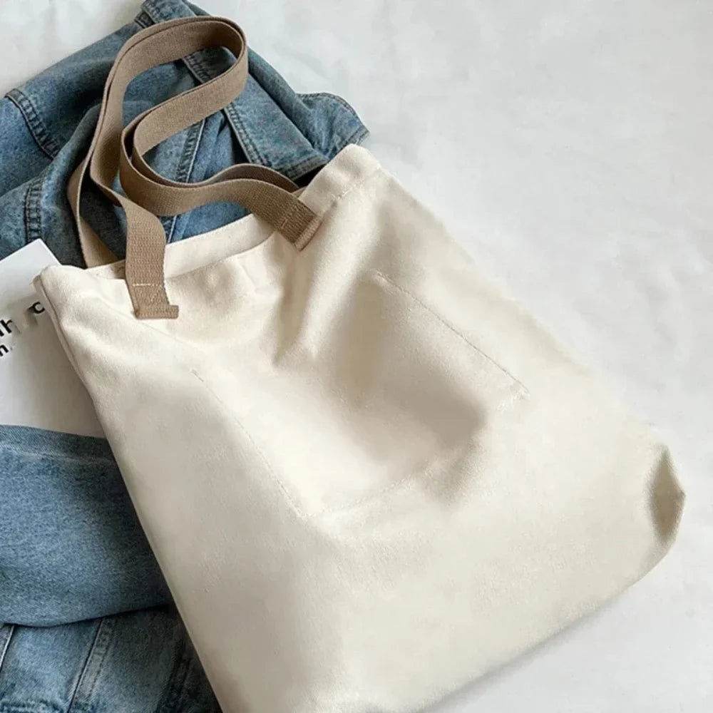 Women's Canvas Tote Bag with Sewing Thread Detail – Handcrafted Shoulder Bag