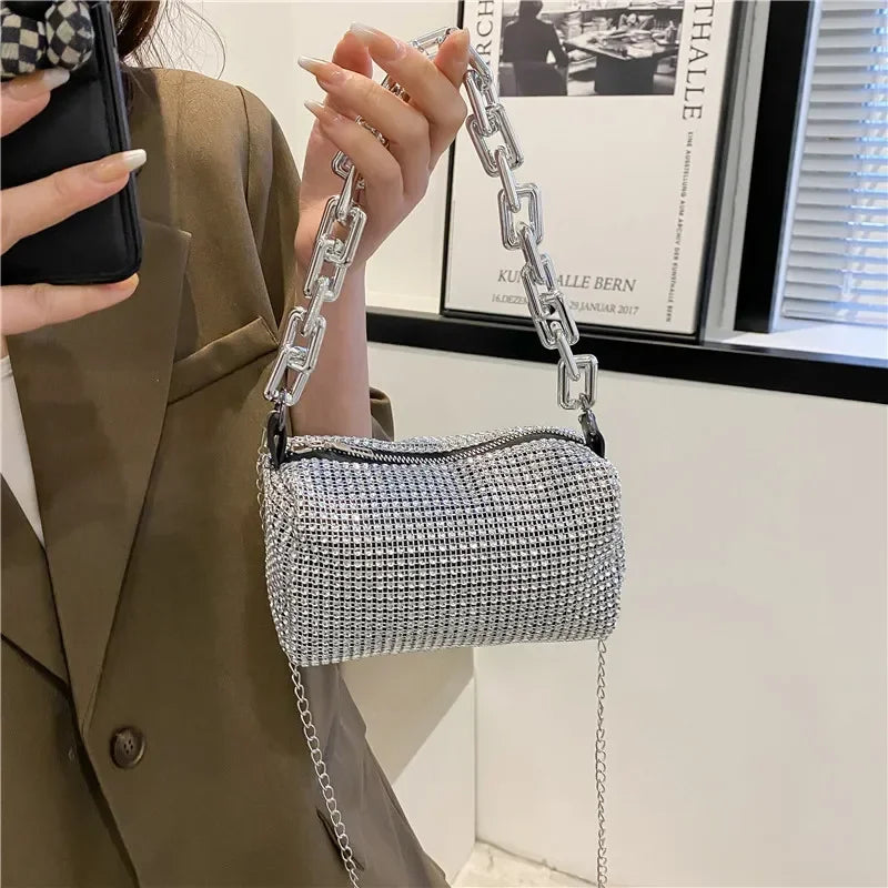 Allover Rhinestone Bucket Bag with Glitter Chain – Sparkling Evening Handbag for Women