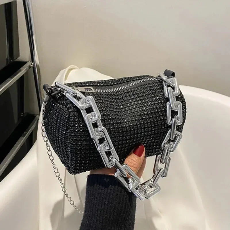 Allover Rhinestone Bucket Bag with Glitter Chain – Sparkling Evening Handbag for Women