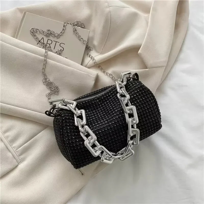 Allover Rhinestone Bucket Bag with Glitter Chain – Sparkling Evening Handbag for Women