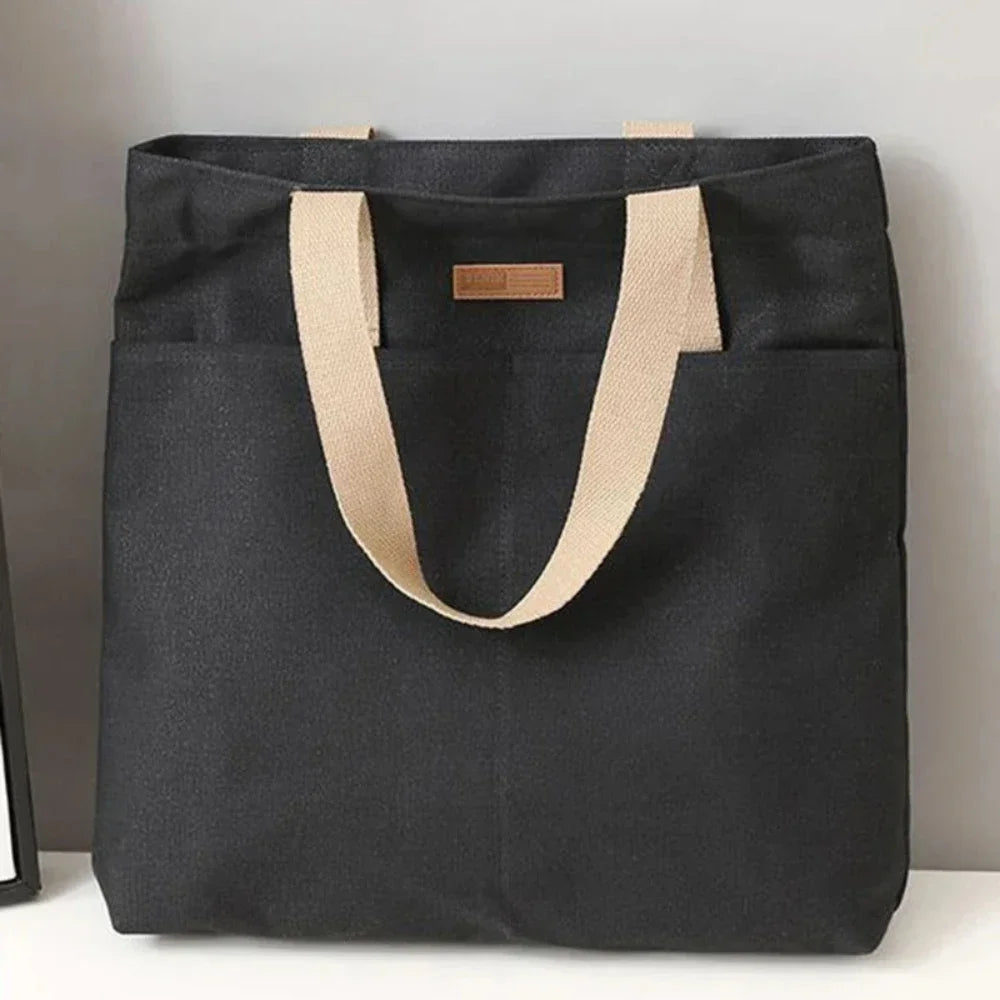 Women's Canvas Tote Bag with Sewing Thread Detail – Handcrafted Shoulder Bag