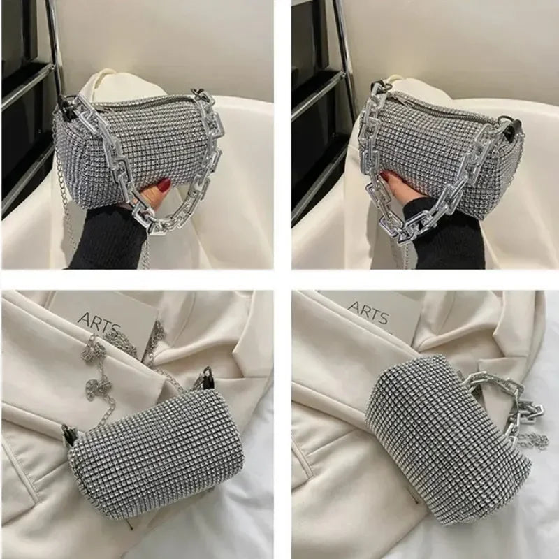Allover Rhinestone Bucket Bag with Glitter Chain – Sparkling Evening Handbag for Women