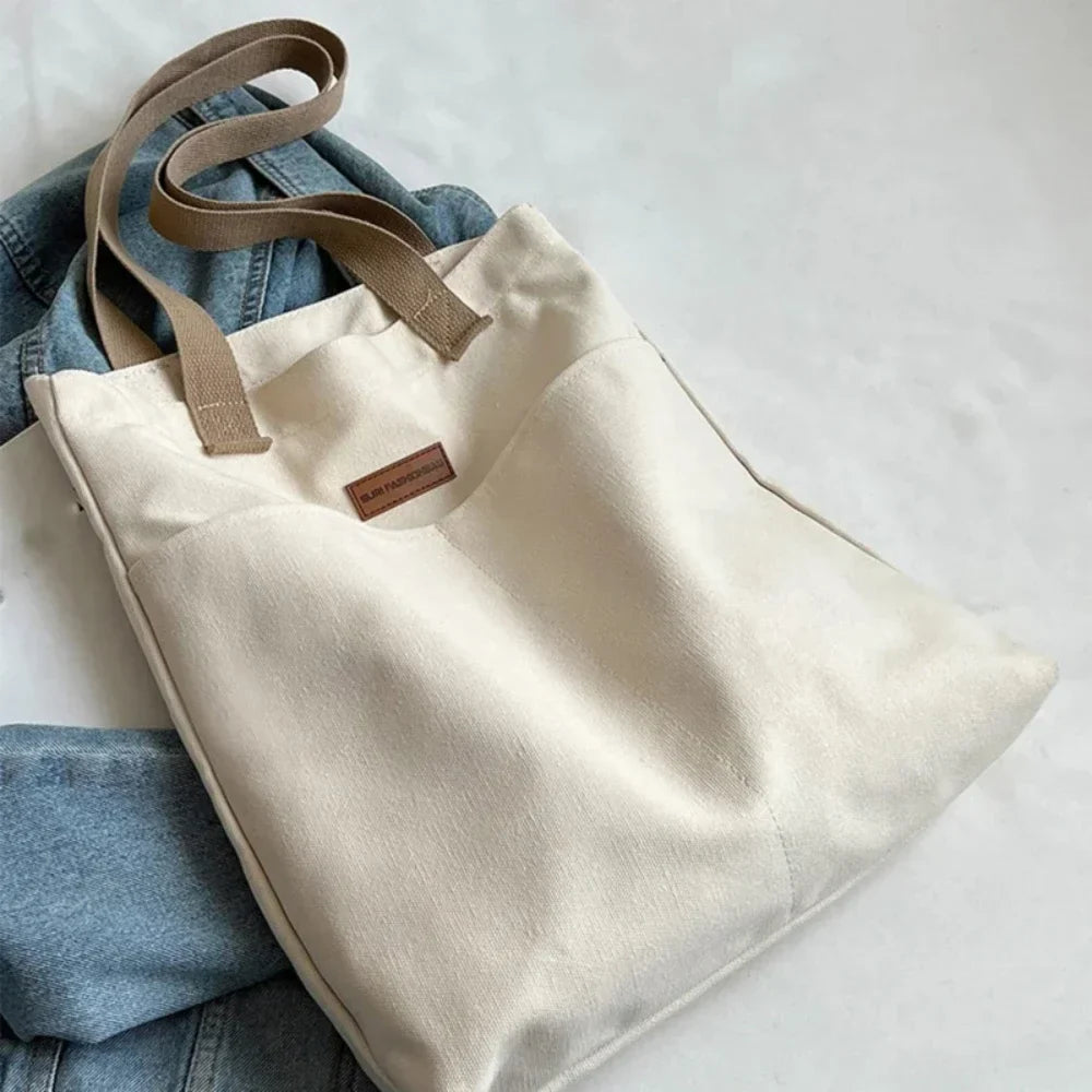 Women's Canvas Tote Bag with Sewing Thread Detail – Handcrafted Shoulder Bag
