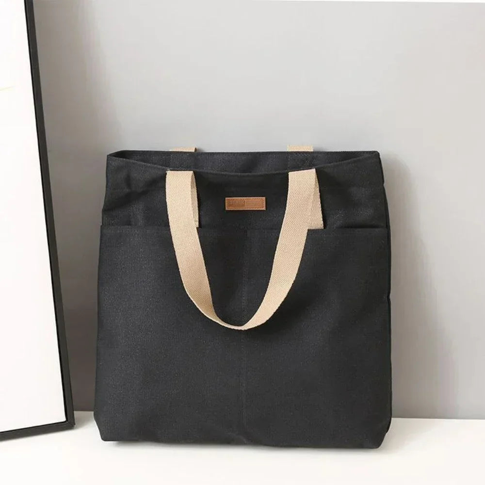 Women's Canvas Tote Bag with Sewing Thread Detail – Handcrafted Shoulder Bag