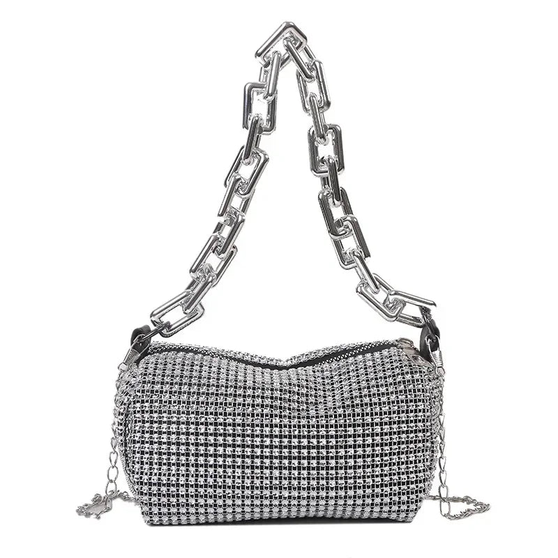 Allover Rhinestone Bucket Bag with Glitter Chain – Sparkling Evening Handbag for Women