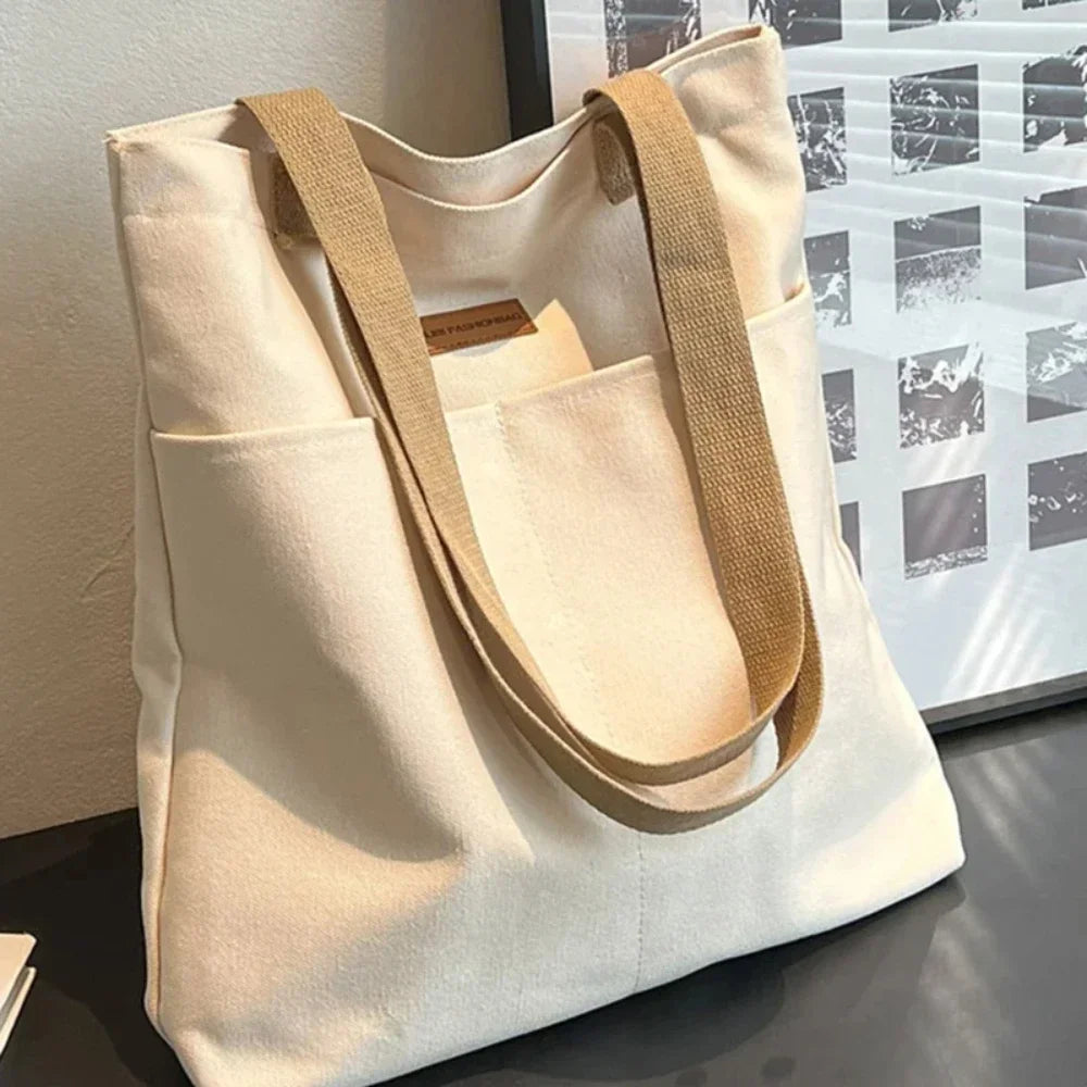 Women's Canvas Tote Bag with Sewing Thread Detail – Handcrafted Shoulder Bag