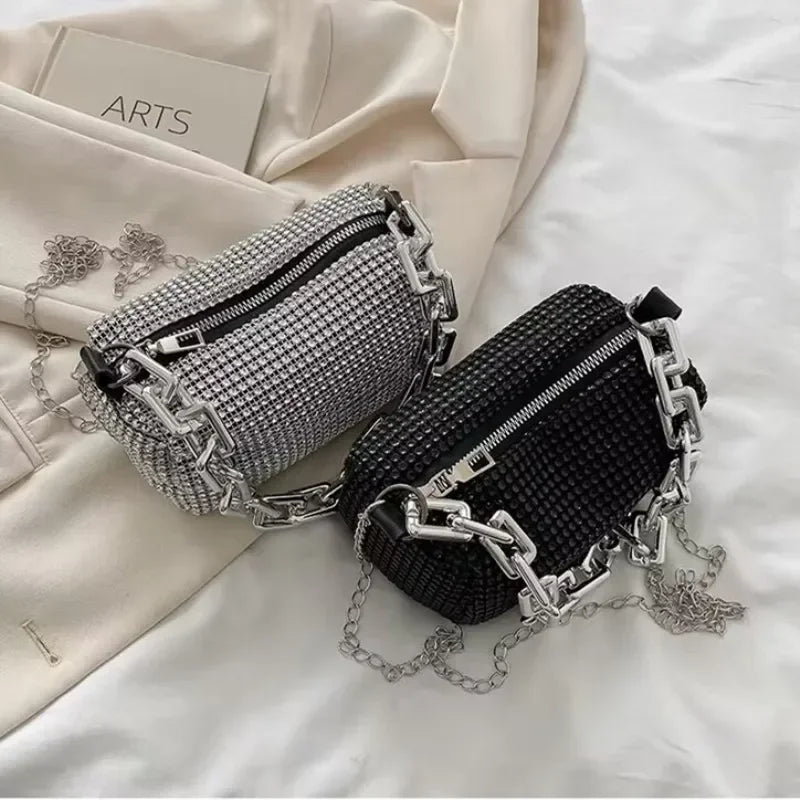 Allover Rhinestone Bucket Bag with Glitter Chain – Sparkling Evening Handbag for Women