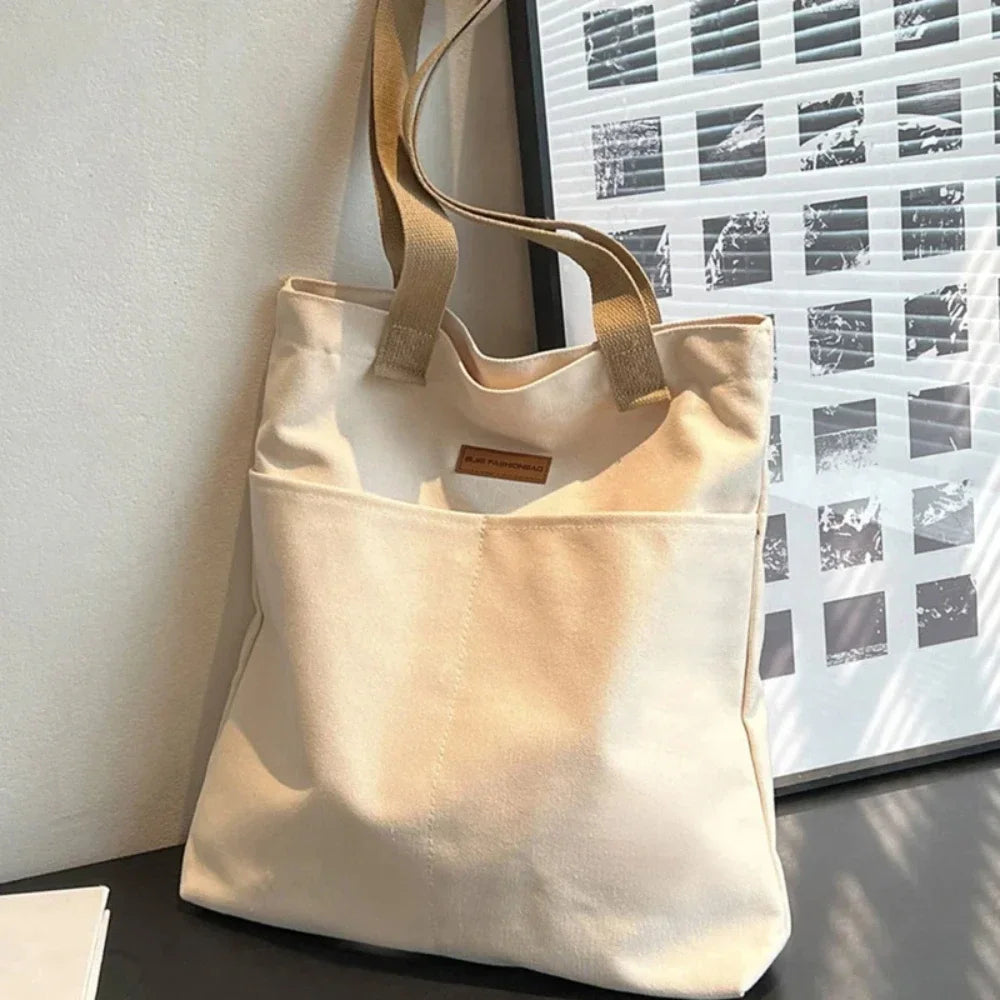 Women's Canvas Tote Bag with Sewing Thread Detail – Handcrafted Shoulder Bag