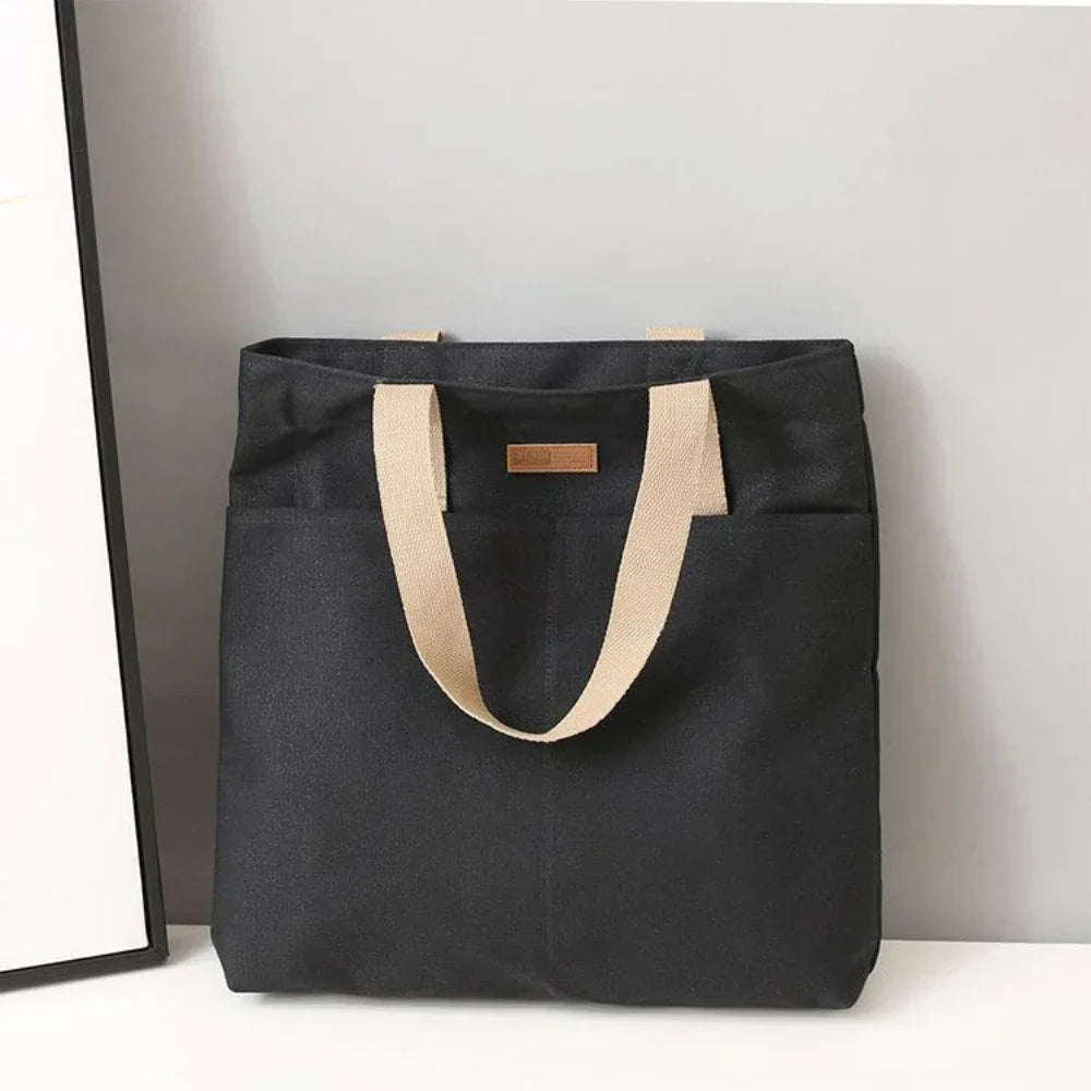 Women's Canvas Tote Bag with Sewing Thread Detail – Handcrafted Shoulder Bag