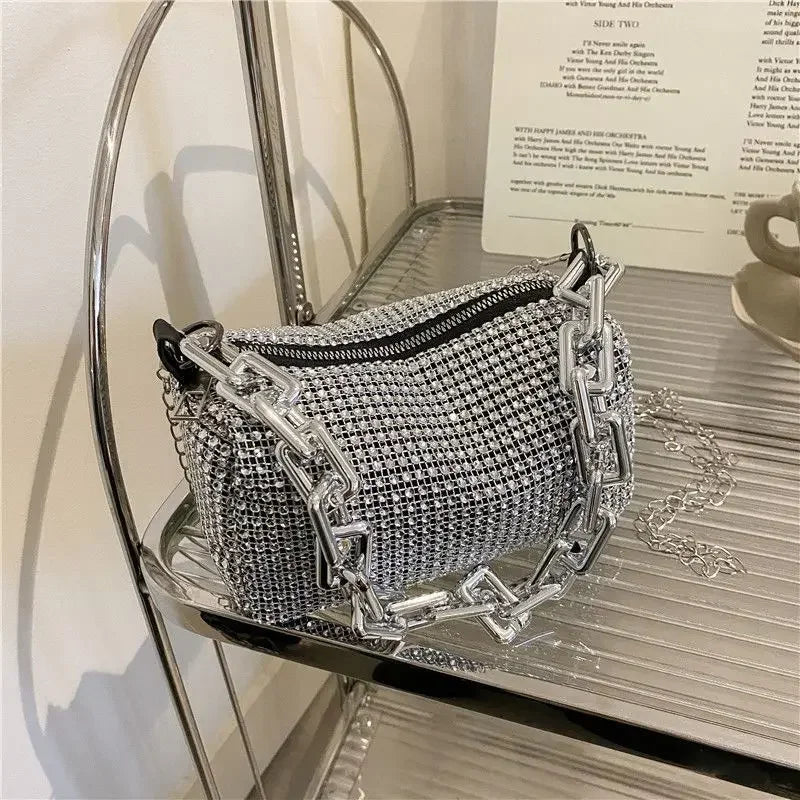 Allover Rhinestone Bucket Bag with Glitter Chain – Sparkling Evening Handbag for Women