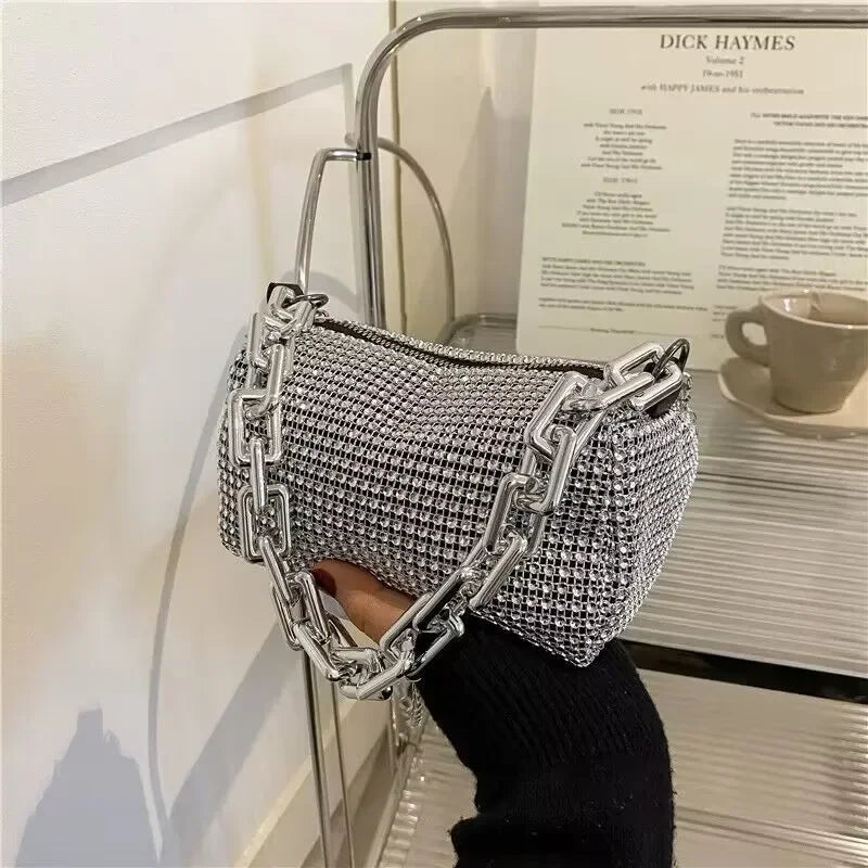Allover Rhinestone Bucket Bag with Glitter Chain – Sparkling Evening Handbag for Women