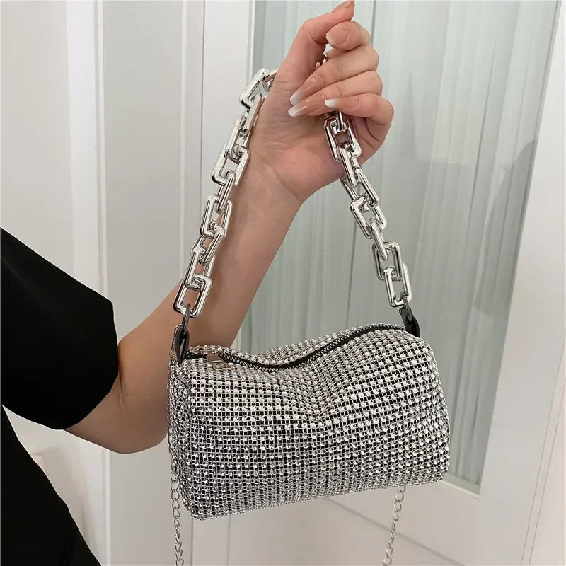 Allover Rhinestone Bucket Bag with Glitter Chain – Sparkling Evening Handbag for Women