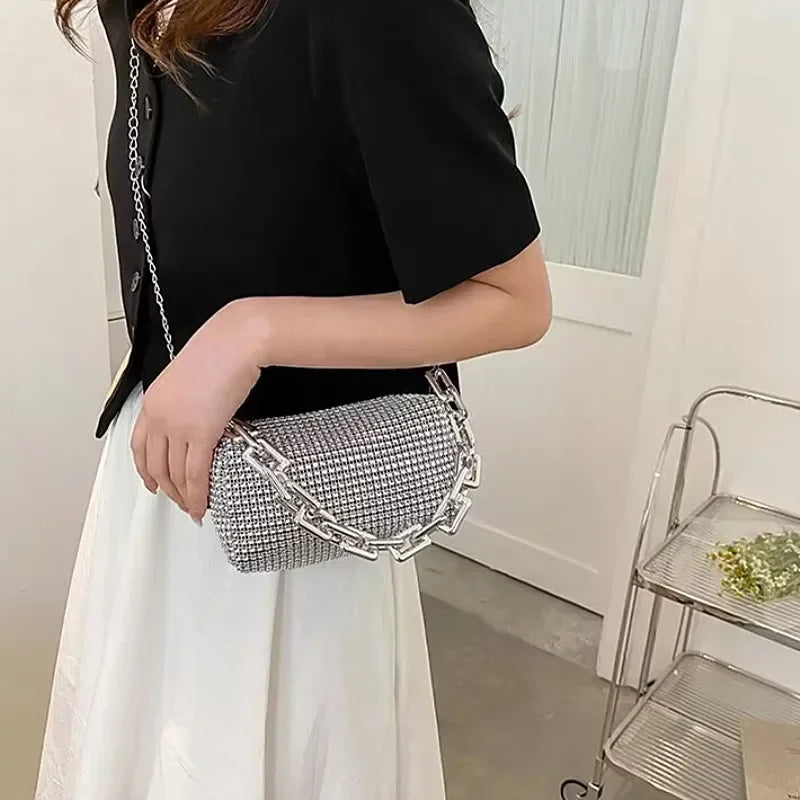 Allover Rhinestone Bucket Bag with Glitter Chain – Sparkling Evening Handbag for Women
