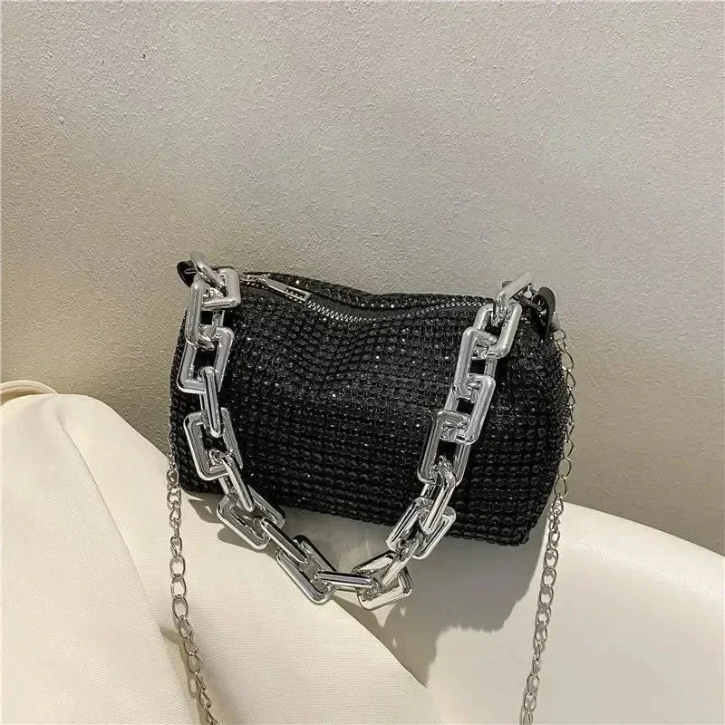 Allover Rhinestone Bucket Bag with Glitter Chain – Sparkling Evening Handbag for Women