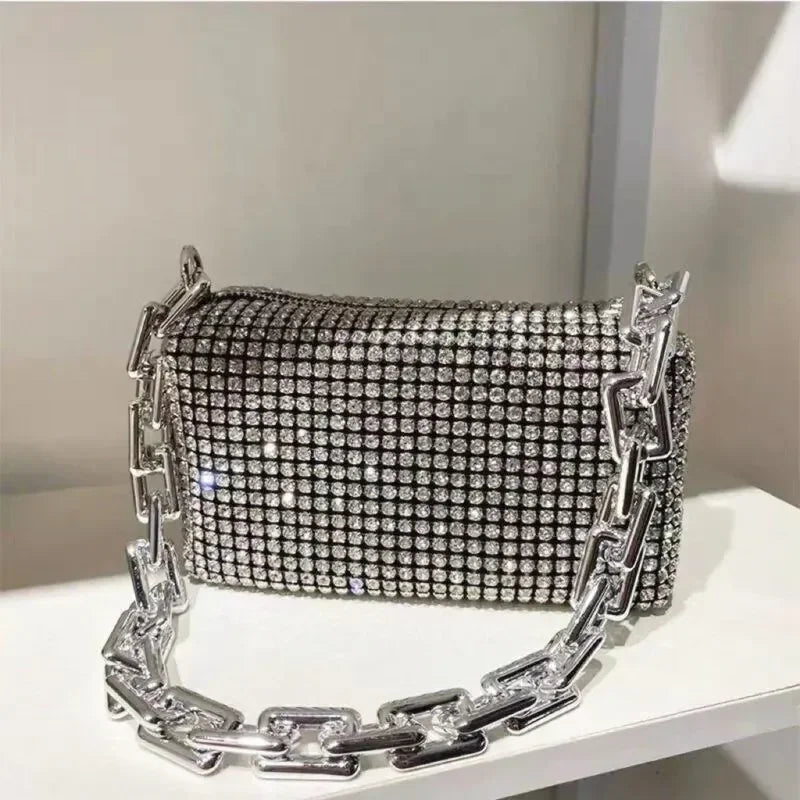 Allover Rhinestone Bucket Bag with Glitter Chain – Sparkling Evening Handbag for Women