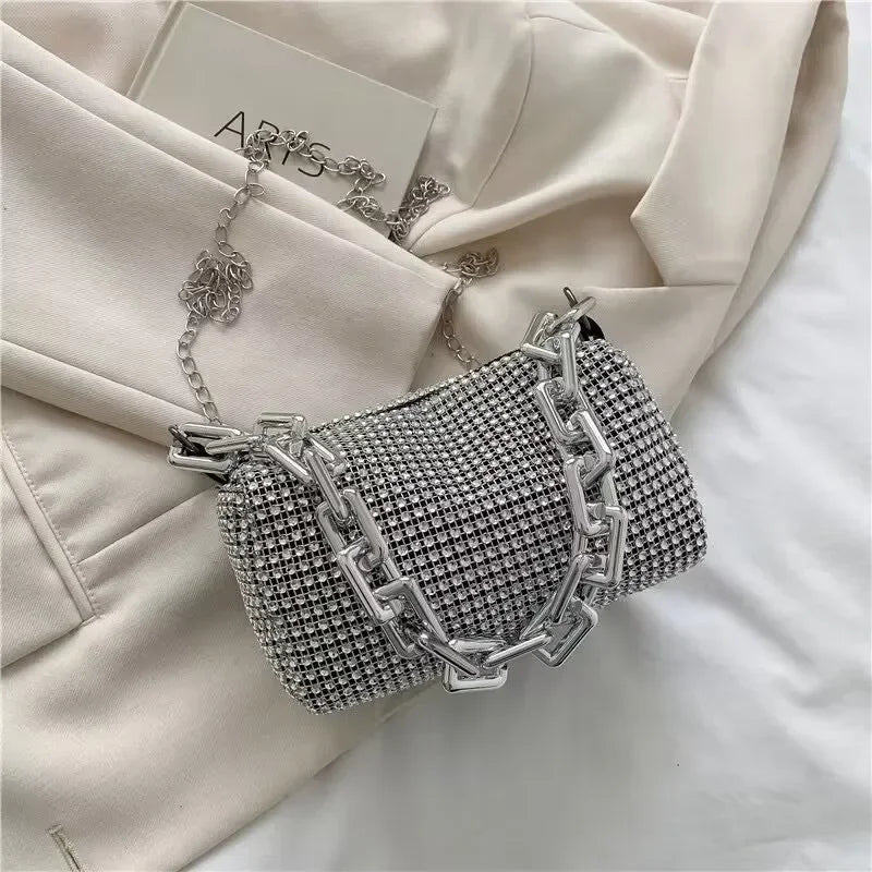 Allover Rhinestone Bucket Bag with Glitter Chain – Sparkling Evening Handbag for Women