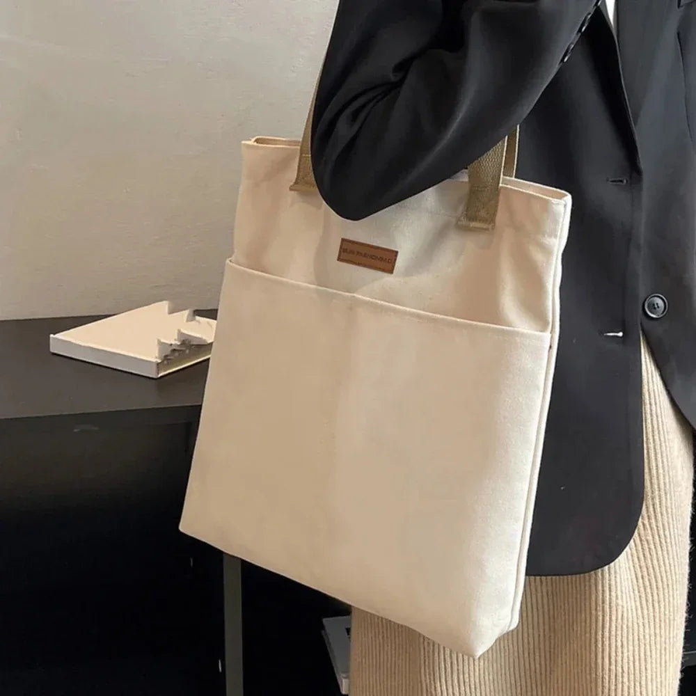Women's Canvas Tote Bag with Sewing Thread Detail – Handcrafted Shoulder Bag