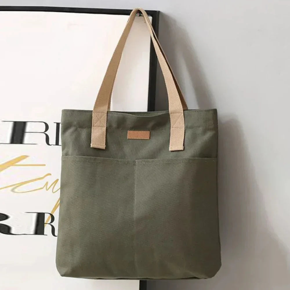 Women's Canvas Tote Bag with Sewing Thread Detail – Handcrafted Shoulder Bag