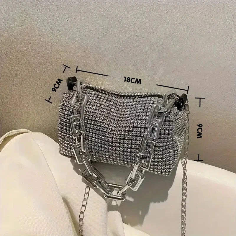 Allover Rhinestone Bucket Bag with Glitter Chain – Sparkling Evening Handbag for Women