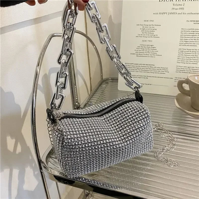 Allover Rhinestone Bucket Bag with Glitter Chain – Sparkling Evening Handbag for Women