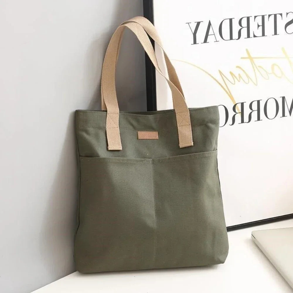 Women's Canvas Tote Bag with Sewing Thread Detail – Handcrafted Shoulder Bag