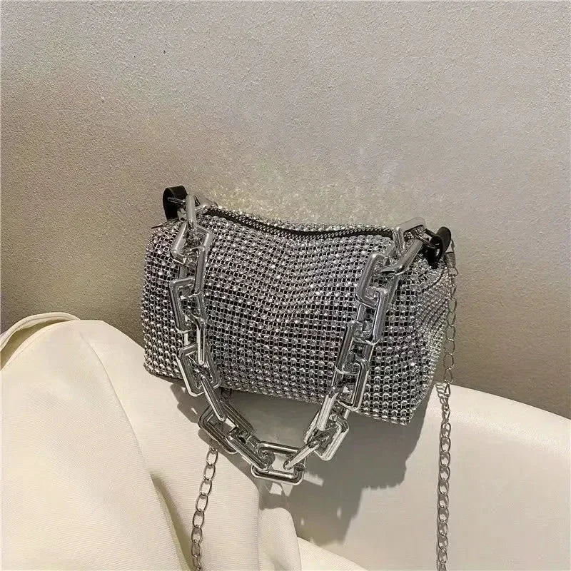 Allover Rhinestone Bucket Bag with Glitter Chain – Sparkling Evening Handbag for Women
