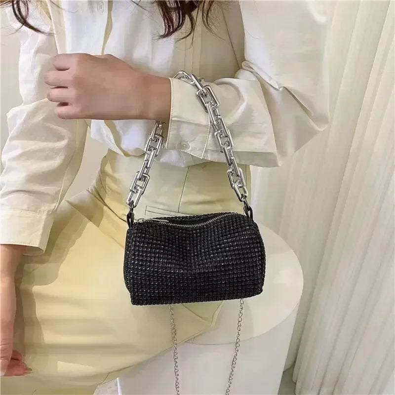 Allover Rhinestone Bucket Bag with Glitter Chain – Sparkling Evening Handbag for Women