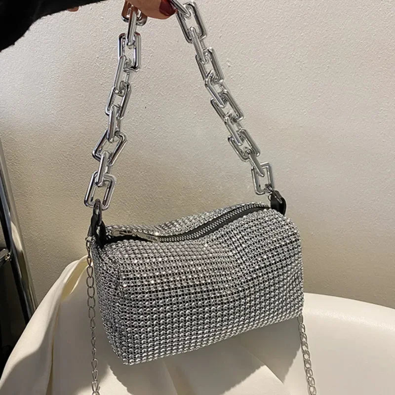 Allover Rhinestone Bucket Bag with Glitter Chain – Sparkling Evening Handbag for Women