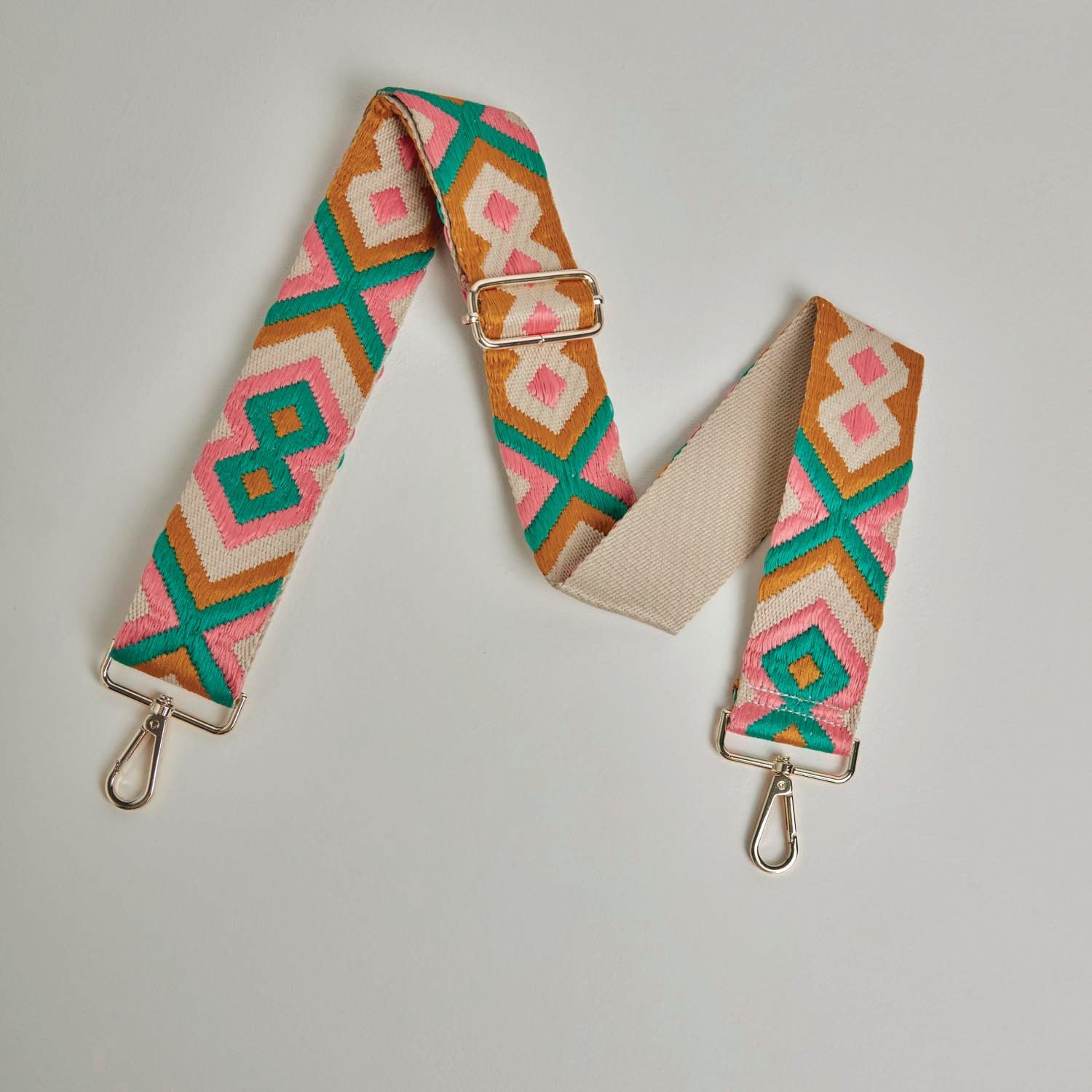 Crossbody Strap -  Mustard and Pink Bohemian Print (Silver Hardware)